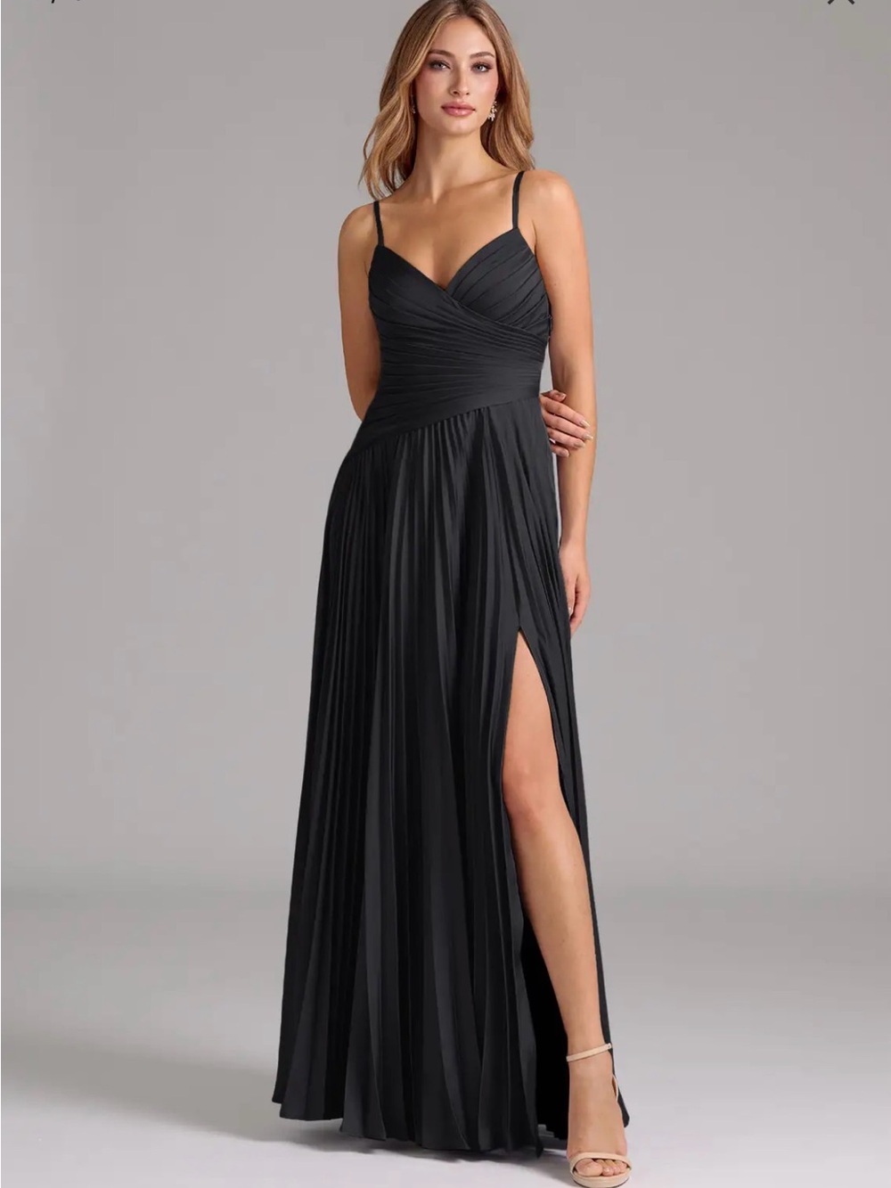 Azazie Black Pleated Spaghetti-Strap Maxi Dress with Side Slit